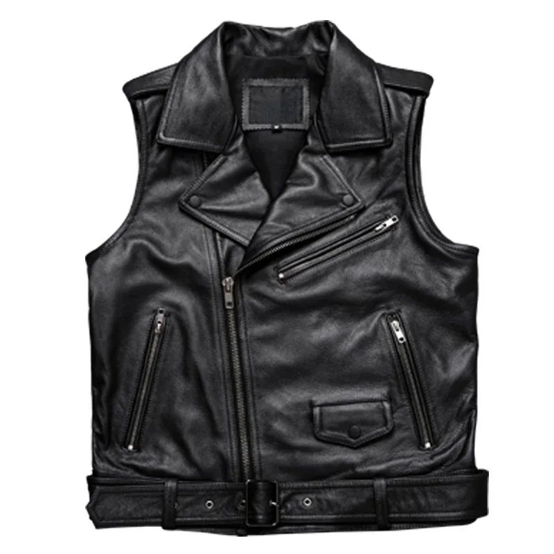 

New Black Motorcycle Biker Leather Vest Men Genuine Leather Oblique zipper Sleeveless Jackets High Quality Cowhide Vests