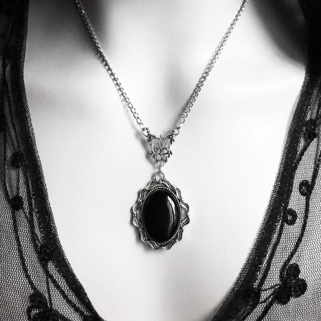 Gothic Victorian Cameo Black Cabochon Glass Pendant Necklace, Romantic Valentine Gift