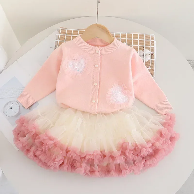 

Girls Cardigan Sweater Autumn and Winter New Peach Heart Knitted Cardigan + Gauze Pongee Skirt Winter Baby Girl Clothes