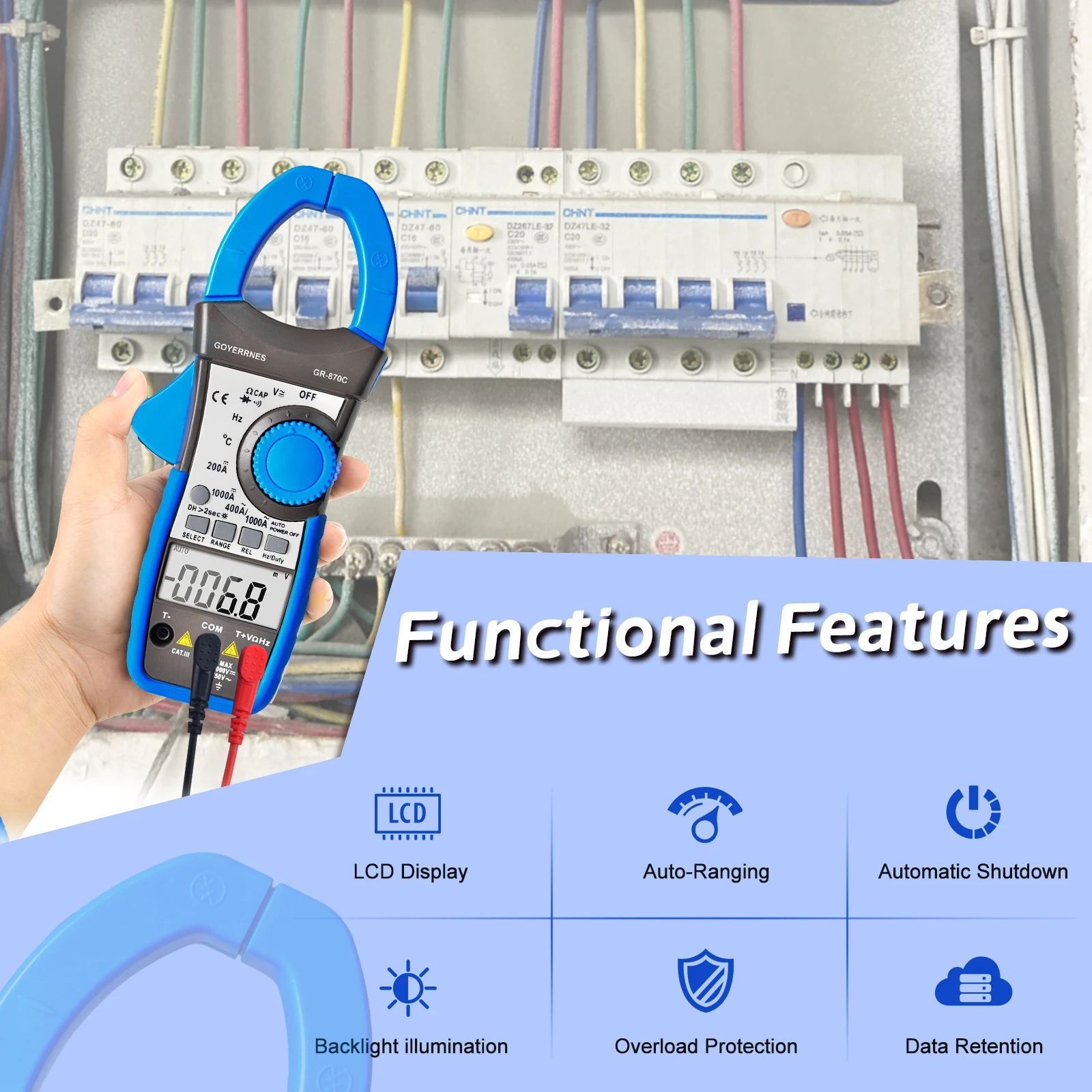 

3 3/4 AUTO RANGE DIGITAL DISPLAY AC/DC CLAMP MULTIMETER 870-C reading of 3999 Auto range control AC DC Resistance Capacitance