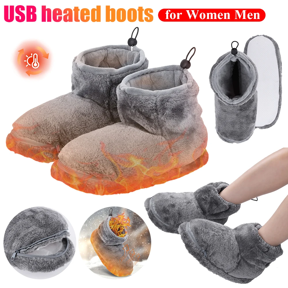 Chaussures chauffantes USB pour hommes et femmes, pantoufles électriques chaudes en peluche, chaussures chauffe-pieds confortables, pantoufles Wskins d'hiver