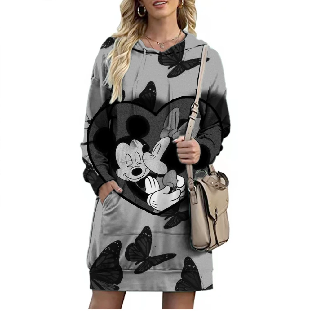 Queda Elegante Disney Marca Mickey e Minnie Dos Desenhos Animados 3D Impresso Moda Casual Senhoras Boho Solto Alongado Hoodie Y2K