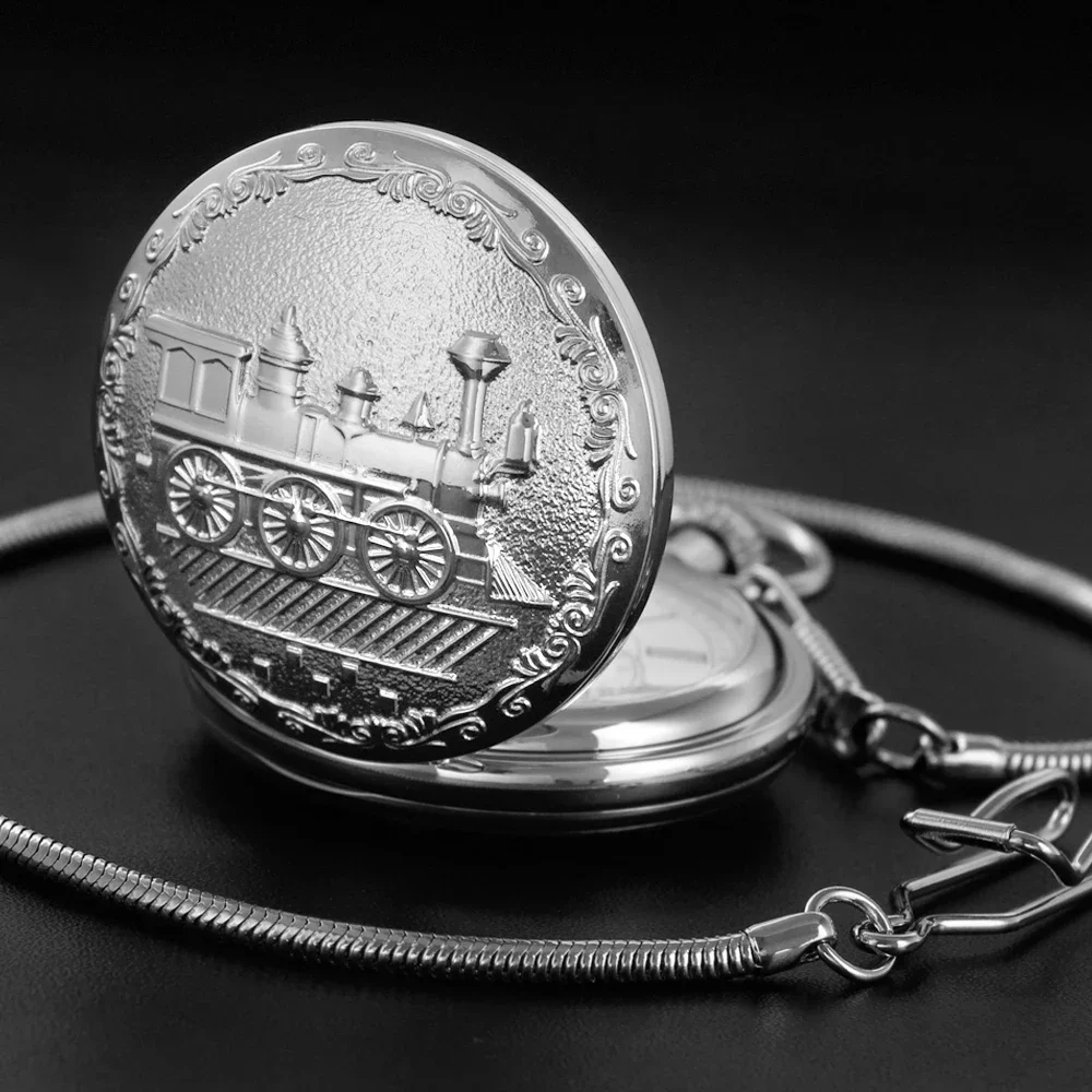 Luxurious Silver Steam Train Design Automatic Mechanical Men's Pocket Watch Gift Box Antique Steampunk Fpb Chain Timepiece