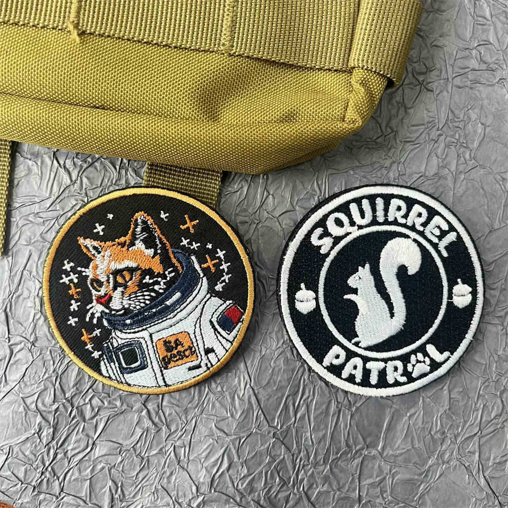 Space Astronaut Cat Embroidered Patch for Clothes Patrol Squirrel Patches Backpack Tactical Equipment Hook & Loop Animal Emblem