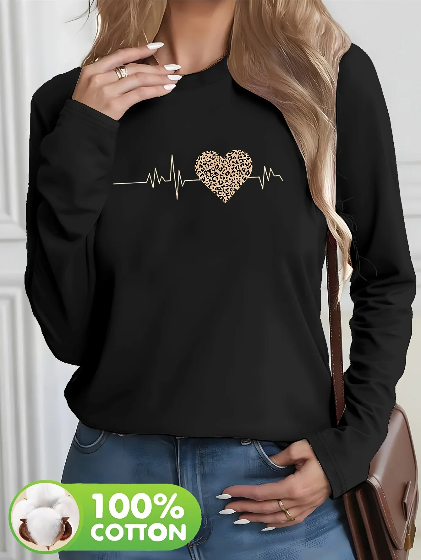 Damen-Langarm-T-Shirt aus 100 % Baumwolle mit Leoparden- und Herz-Motiv, lässiges Oberteil mit Rundhalsausschnitt, Herbst- und Winterbekleidung. – Detail 2