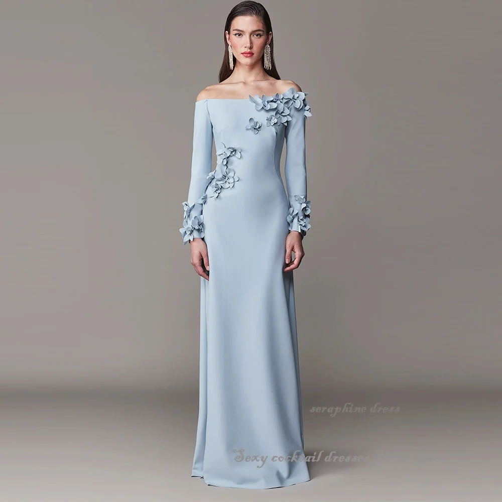 

Boat Neck Evening Dresses for Women Crepe Customized فساتين سهرات with 3D Appliques 3/4 Sleeve Prom Dress Formal