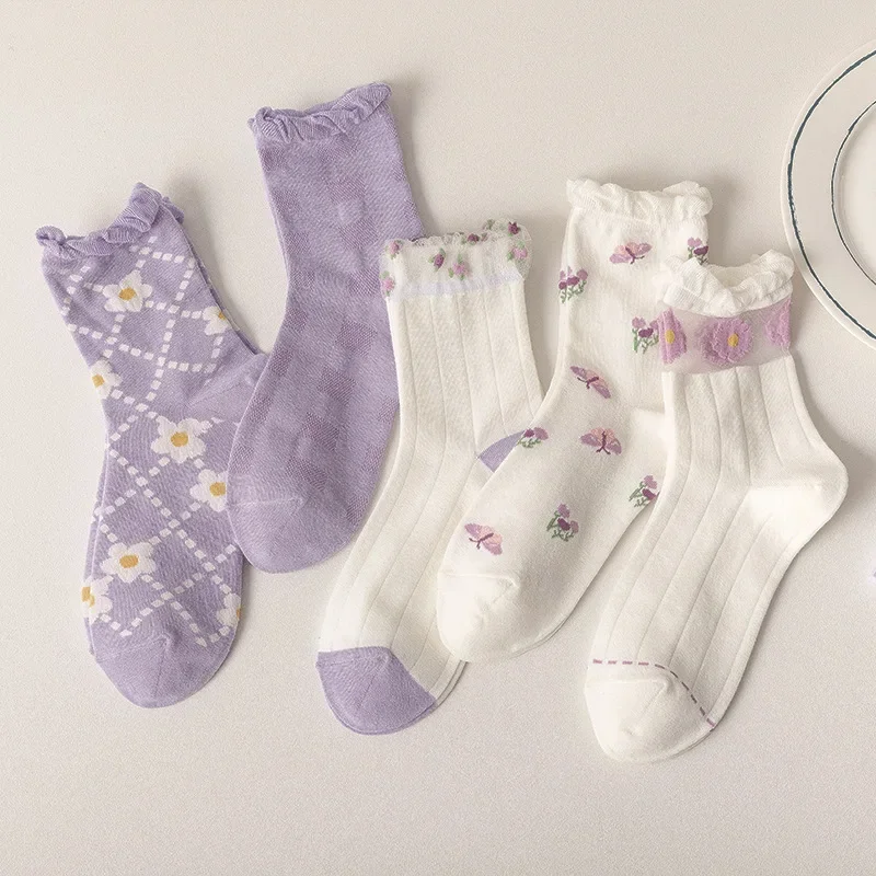 2023 spring and summer new socks women's purple small floral plaid tube socks card stockings solid color cute student socks