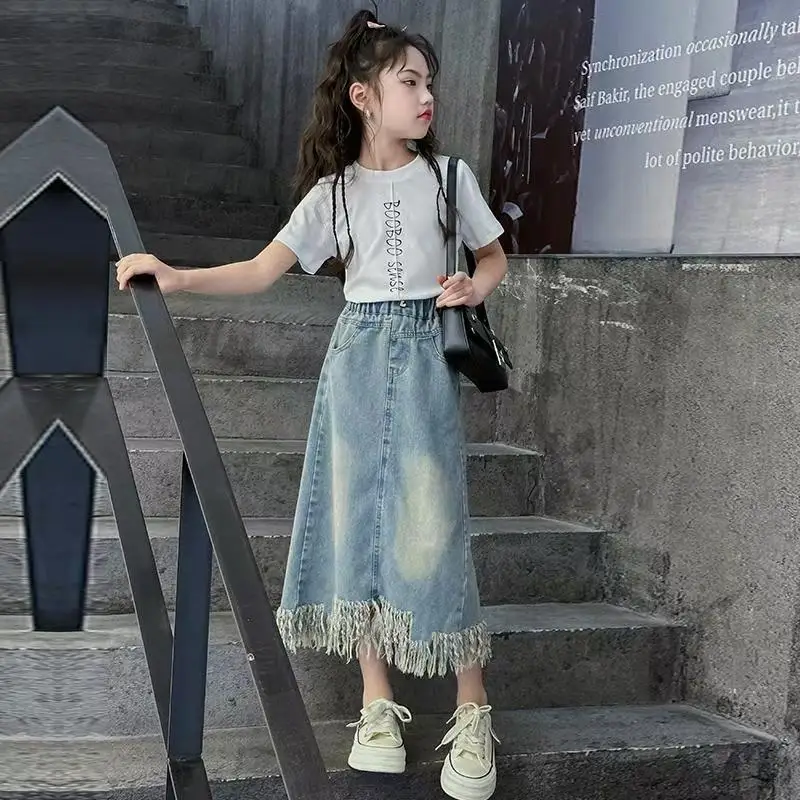 Girls Denim Skirt Summer New Children's Fashionable Skirt Western Style Children's Long Tassel Skirt (only Skirt)