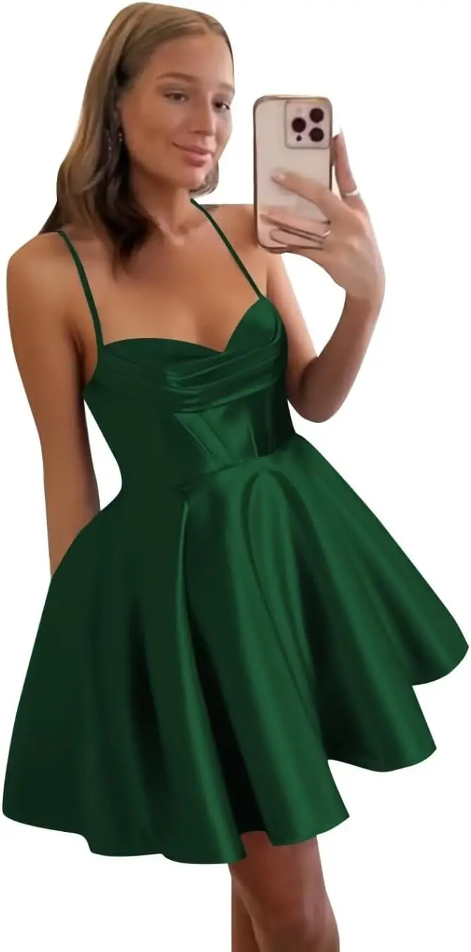 

Spaghetti Straps Satin Homecoming Dresses for Women Short Halter Formal Prom Dresses with Pockets Cocktail Dress Party Dresses