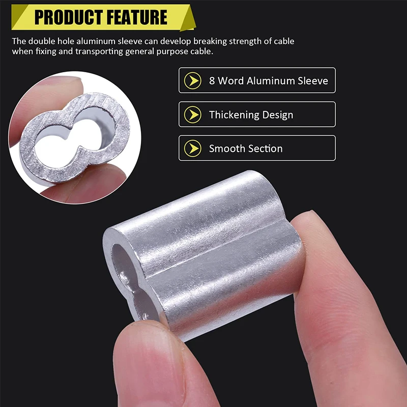 224PCS 8 Sizes Aluminum Crimping Loop Sleeve M1.2-M6(3/64''-1/4'') Wire Rope Sleeve Cable Crimp Ferrules for Wire Rope