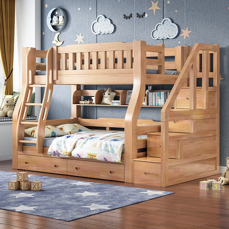 Upper and lower bunk beds, high and low, boys, beech wood mother , multifunctional household beds,