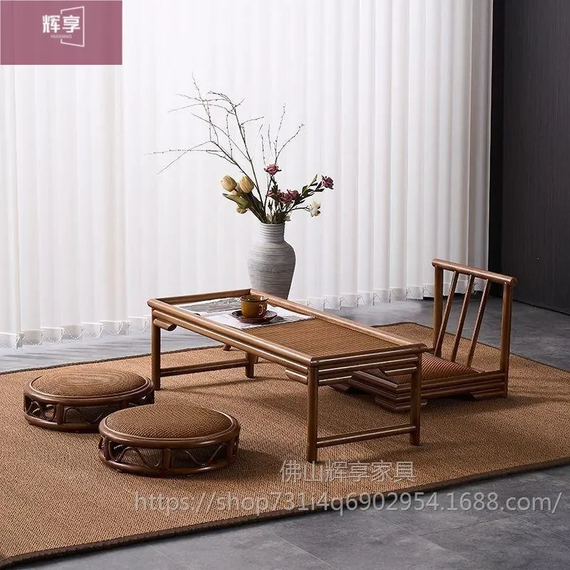 Japanese Style Tatami Coffee Table Set for Small Balcony Bay Window Zen Tea Table with Chairs Retro Low Pit Table for Bedroom