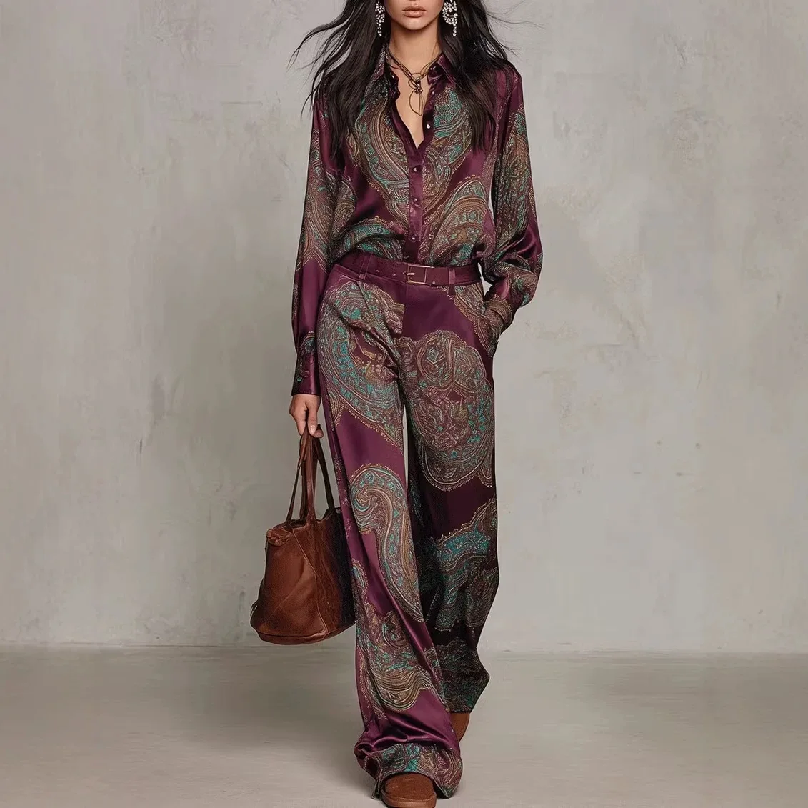 Retro Two‑Piece Set Women Print Long Sleeve Button Shirt High Waist Wide Leg Pants Suit Fall Loose Casual Vacation Street Outfit