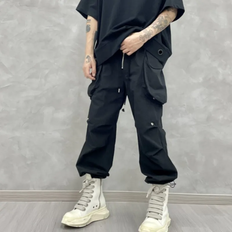 

American High Street Large Pocket Stitching Loose Casual Working Pants Drawstring Ankle-Tied Personality Trend Paratrooper Pants