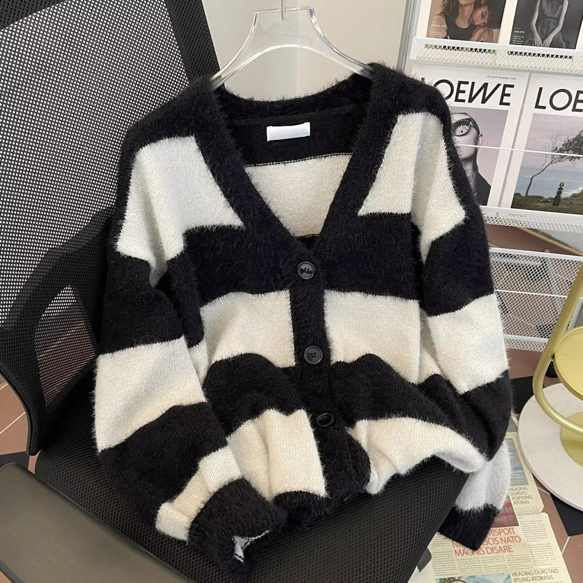 

American Sle Men's Open Cardigan Sweater Lazy Sle Fur Outerwear Loose Trendy Striped Knitted irt Autumn Season Casual Wear