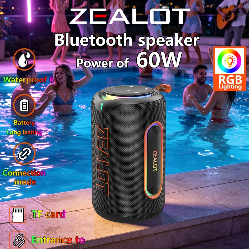 ZEALOT-MP1 Outdoor Bluetooth Speaker, 60W, Portable Wireless Speaker, Stereo, IPX6 Waterproof, Supports Micro SD Card, RGB Light