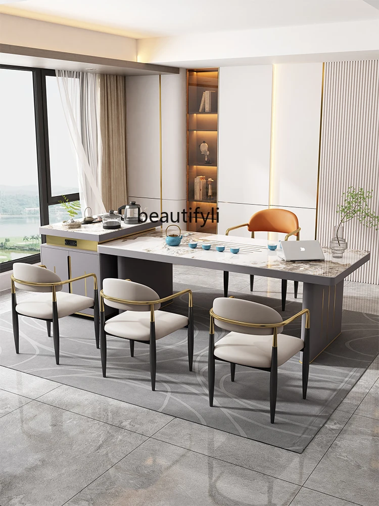 Italian Light Luxury Stone Plate Table-Chair Set Simple Modern Large Apartment Home High-End Kung Fu Tea Table Desk Integrated
