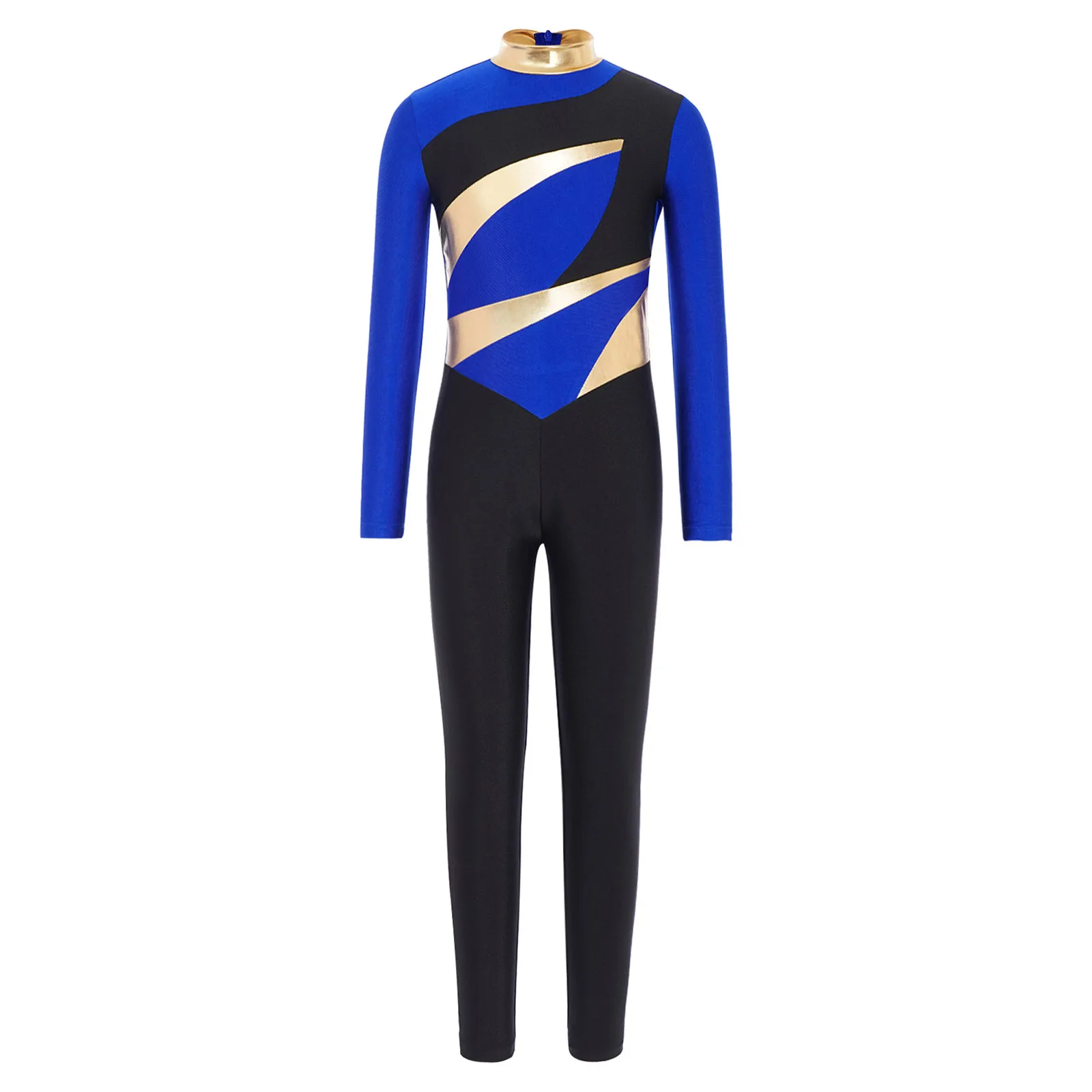 

Kids Boys Color Block Gymnastics Jumpsuit Shiny Metallic Long Sleeve Bodysuit for Dance Figure Skating Performance Competition