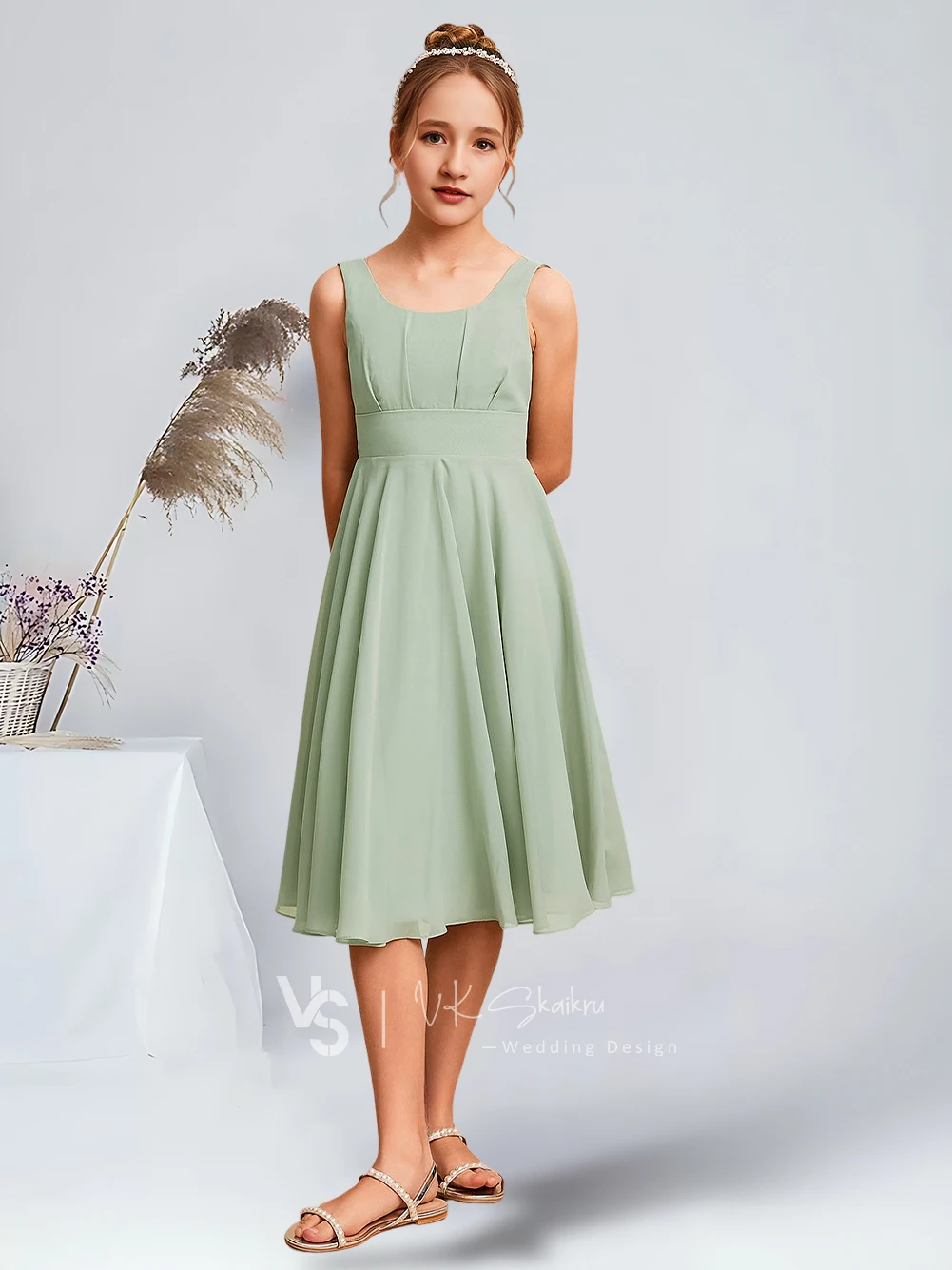 Elegant A-Line Square Knee-Length Chiffon Junior Bridesmaid Dresses Celadon Charming Flower Girl Dresses Party Wedding Kids