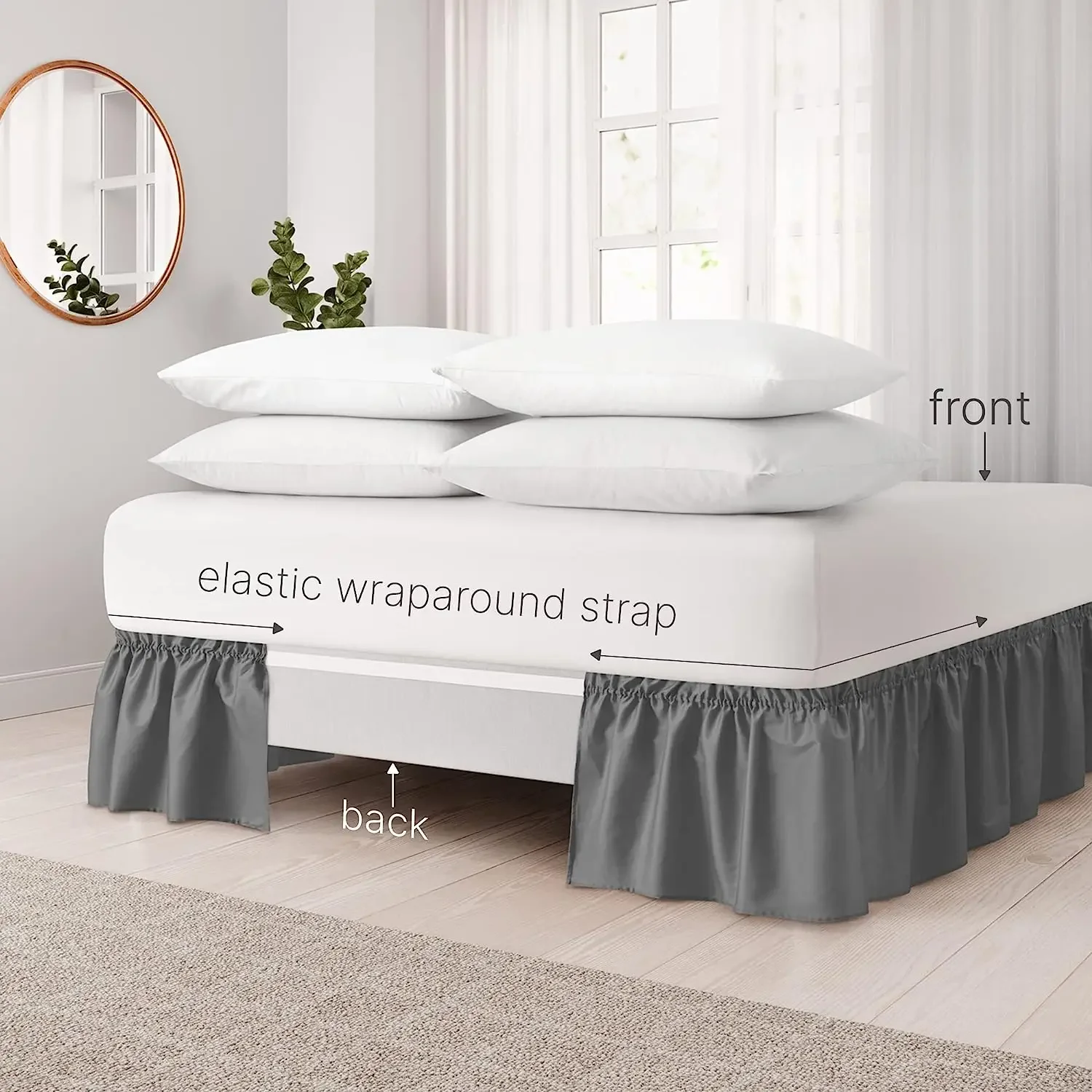 Thicken Wrap Around Dust Ruffle Bed Skirt- Easy Fit Elastic Strap Pleated with Premium Fabric - Wrinkle Free, Machine Wash