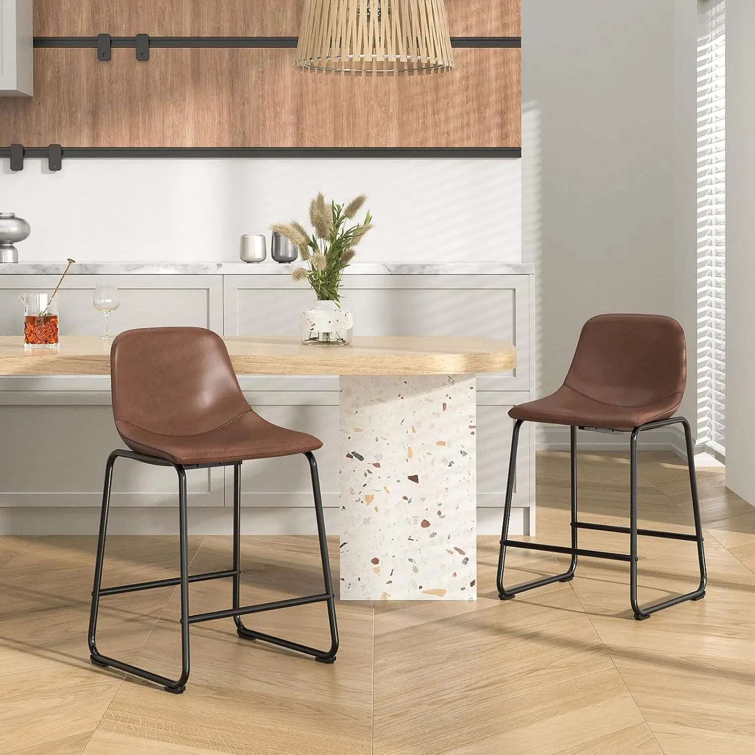 Pu Faux Leather Bar Stools Set of 2(Brown, 24