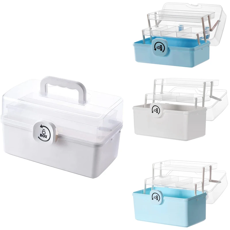 New Plastic Storage Box With 3-Tier Fold Tray,Tool Organizer,Portable Lockable Container