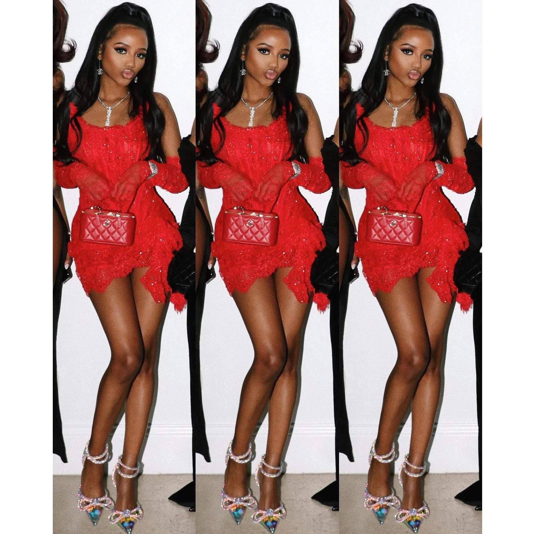 Black Girl Red Lace Mini Prom Dresses with Long Sleeve Gloves Sexy Women Lace Cocktail Dress Brithday Wear 2023 robes de soirée