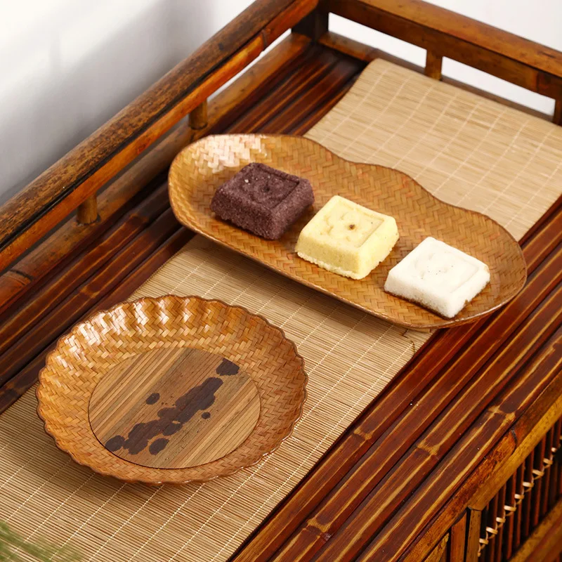 

Bamboo dim sum tray, handmade, Chinese retro, table storage, dried fruit snacks, tea accessories, farm paint woven basin