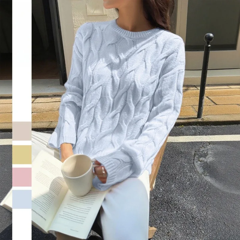 

Hemp thread round neck skin-friendly shoulder casual simple long sleeve solid color sweater