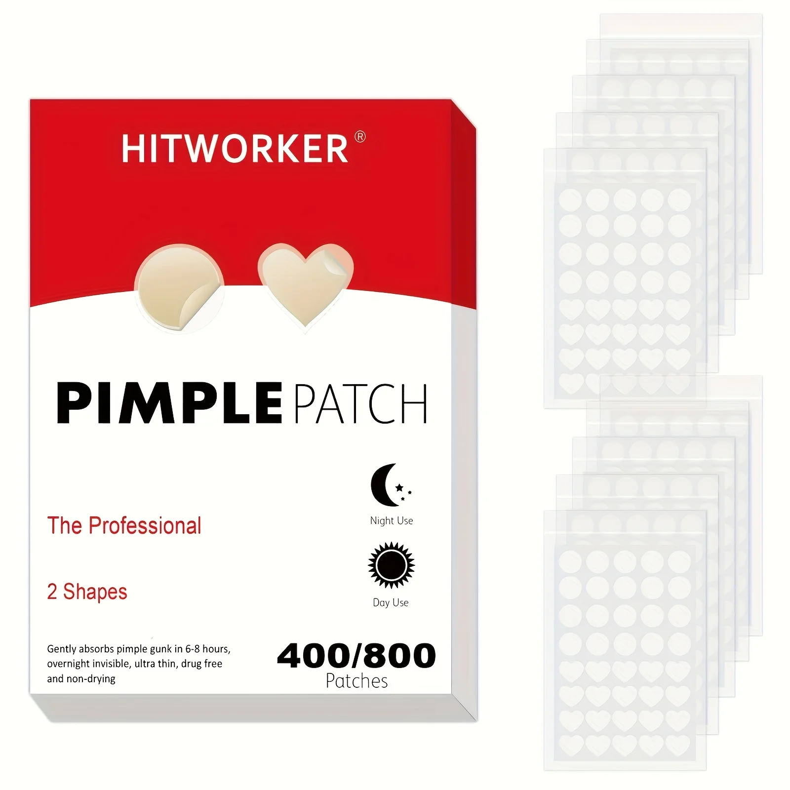 400/800pcs HITWORKER Hydrocolloid Acne Patches, 2 Sizes, Day & Night Use, Beige, Oil Control, Fragrance-Free