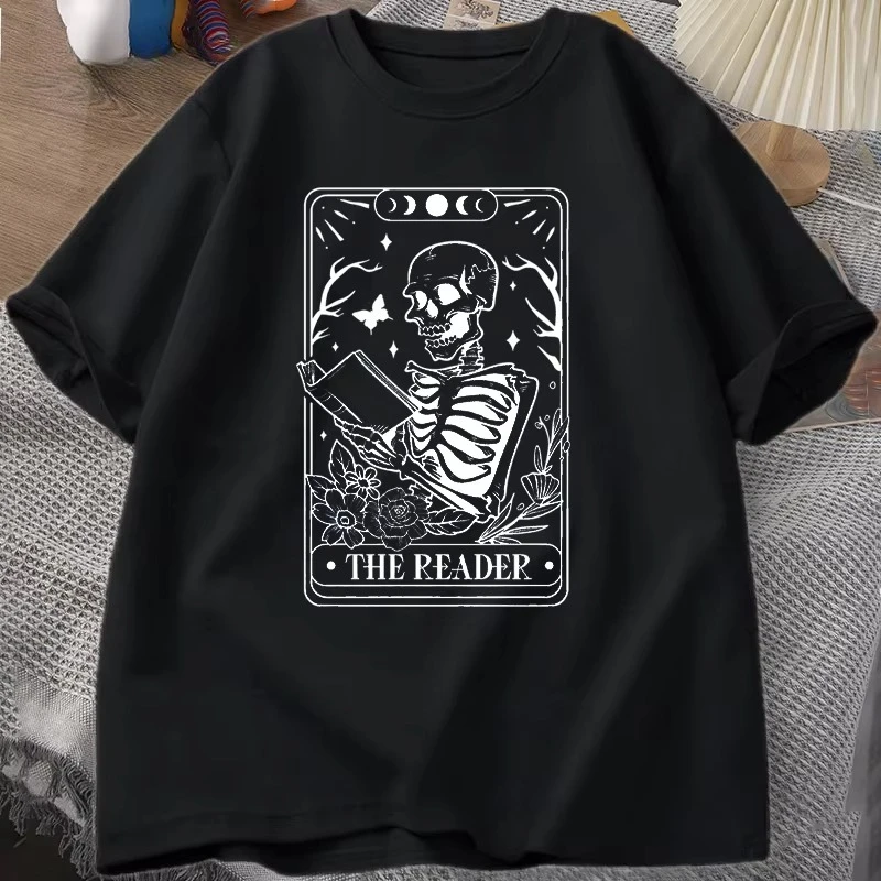 The Reader Tarot Card T-Shirt Skeleton Reading T Shirt Summer Cotton Book Lover Bookish Tshirt Men Women Unisex Oversized Tees