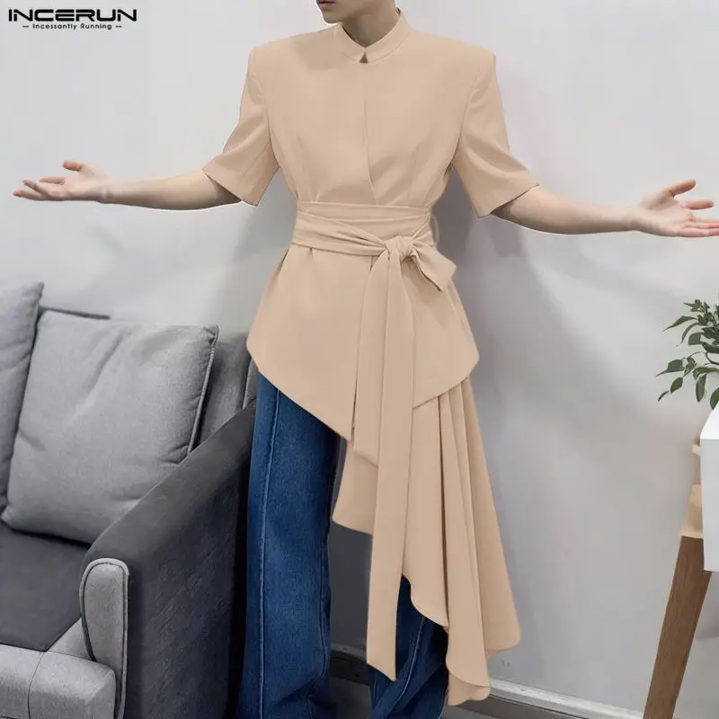 INCERUN Men Irregular Blazer Solid Color Stand Collar Short Sleeve Male Suit With Belt Streetwear Fashion Casual Thin Coats 2026