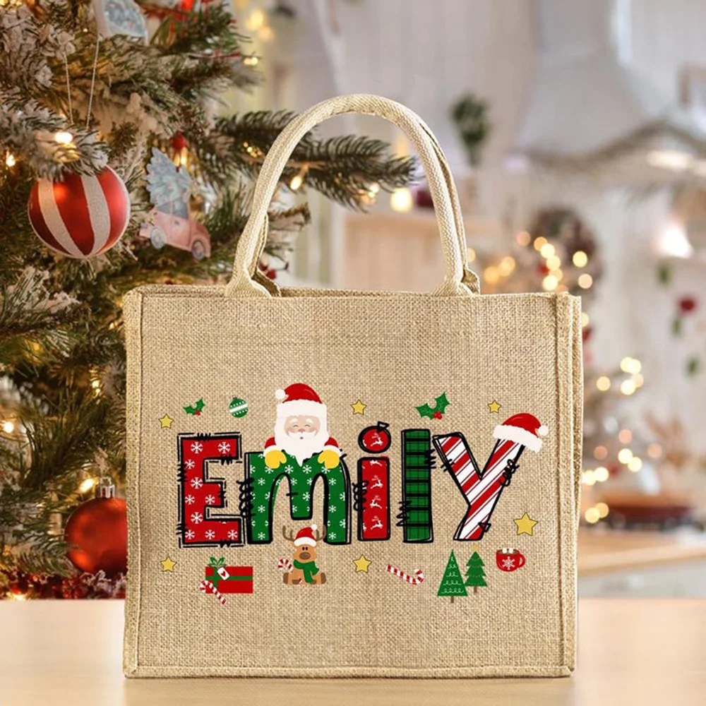 

Custom Tote Bag Personalized Name Jute Bag With Handles Xmas Santa Print Reusable Shopping Bag For Women Shopper