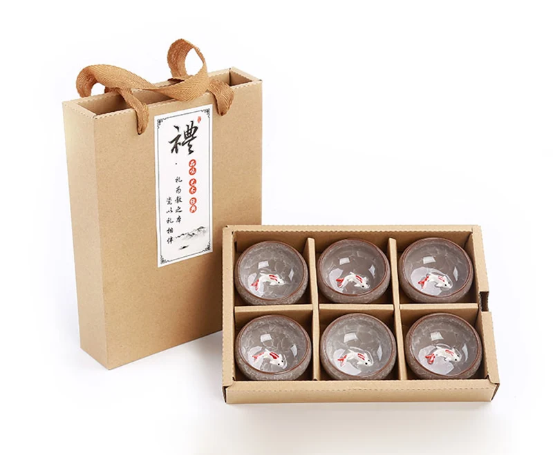 Gift Package 6pcs 3D Golden Fish China tea cup set,Kung Fu Tea Set Crackle Glaze Travel Tea Bowl Chinese Teacup Sets view 4