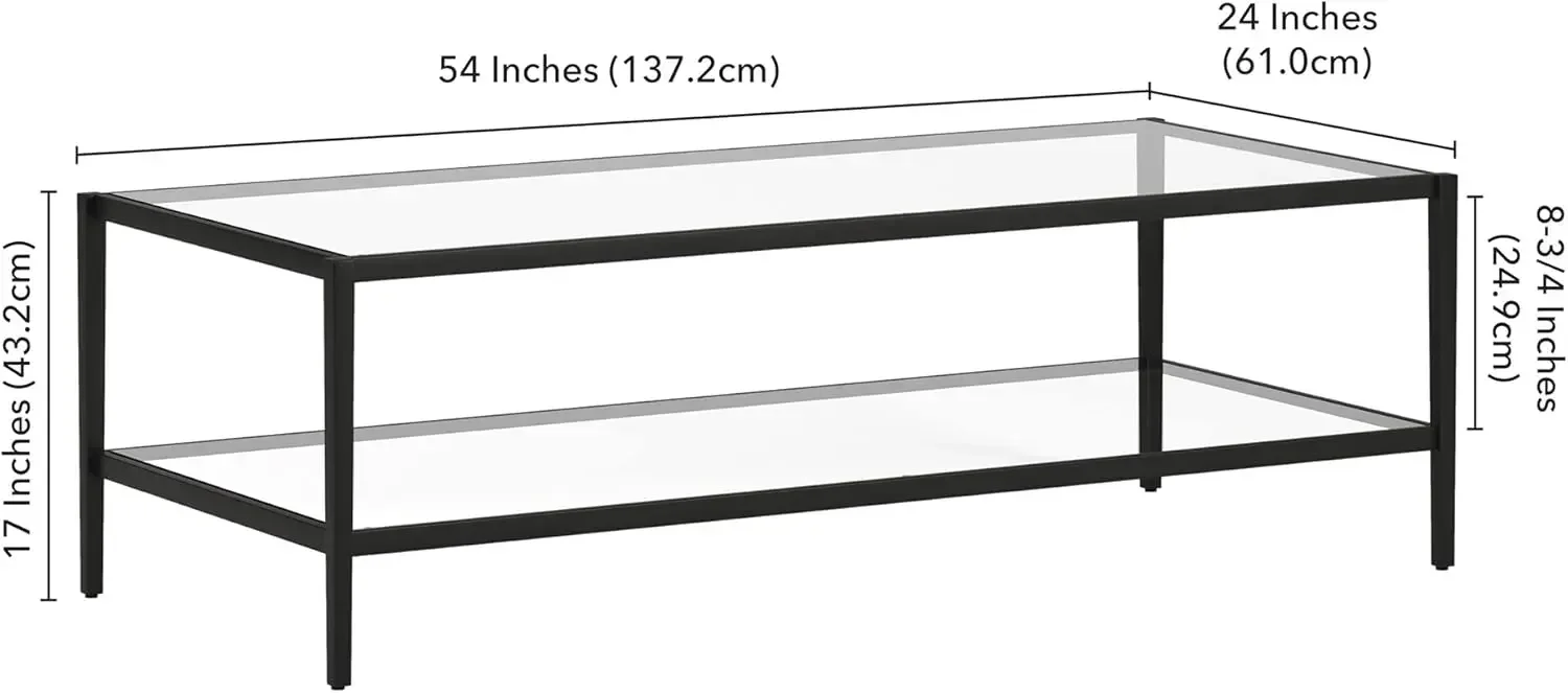 54" breiter rechteckiger Couchtisch mit Glasablage in geschwärzter Bronze, moderne Couchtische für Wohnzimmer, Studiowohnung