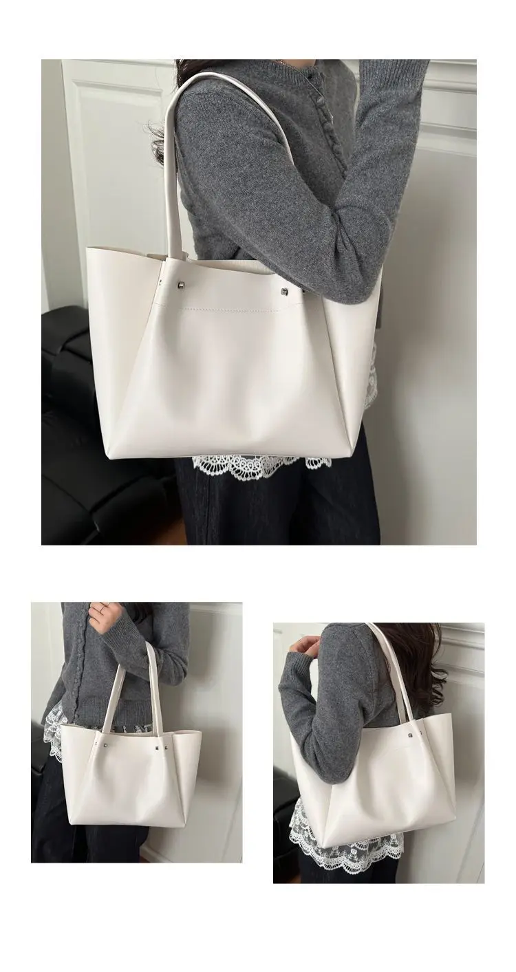 Large Capacity Tote Bag Women's New Retro Versatile College Student Texture Class Travel Commuting PU Bag