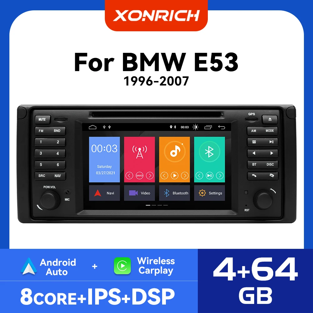 Wireless Carplay Android 12 2 Din Car DVD Player For BMW 5 Series E39 X5 E53 Audio 8 Core GPS Stereo Navigation RDS 4G Wifi DSP