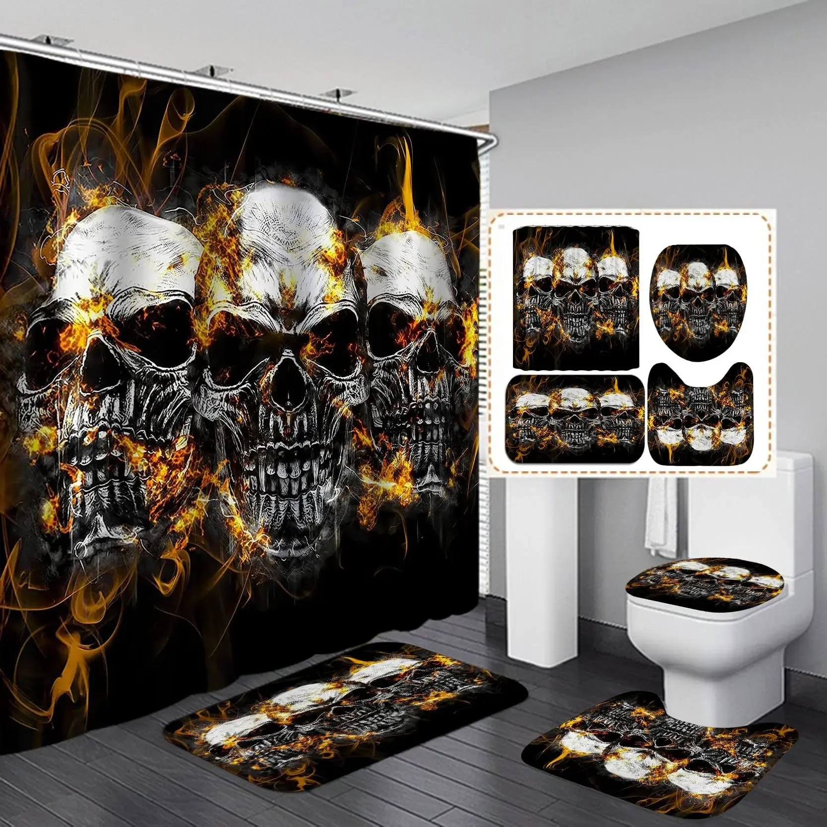 Beauty & Sugar Skull Shower Curtain Set Gothic Red Rose Spider Web Tattoo Day of The Dead Halloween Scary Skeleton Bathroom