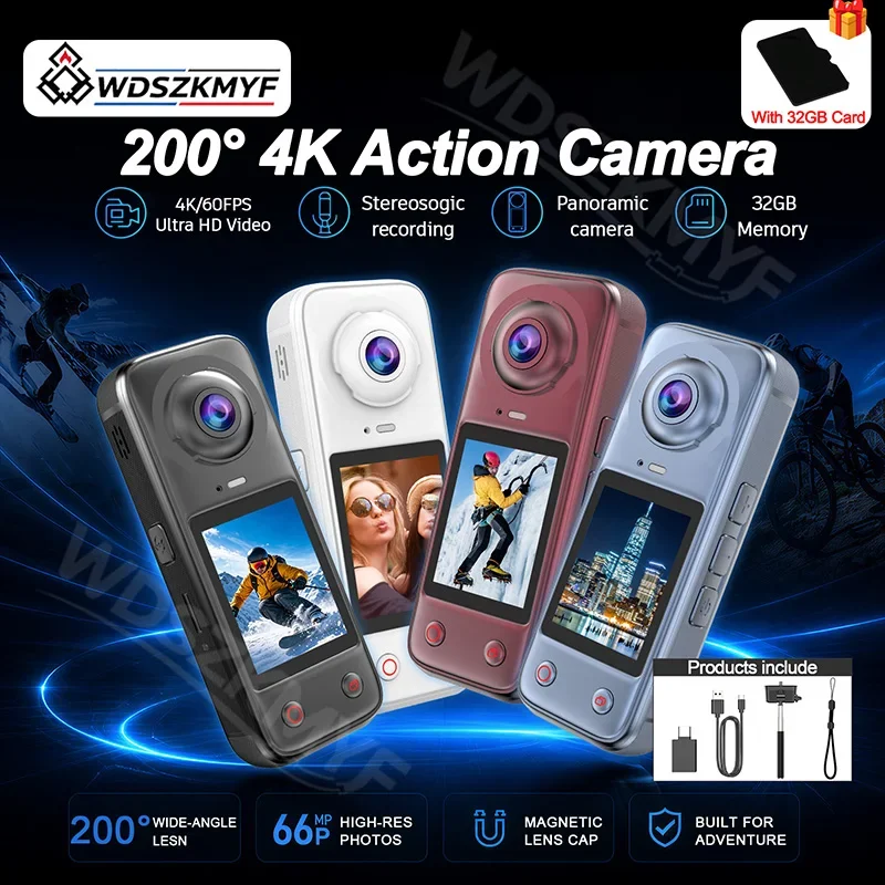 New 4K Action Camera With 32GB Front & Rear Dual Lens Switch 200° Wide‑Angle Handheld Camcorder Outdoor Sports Cameras For Vlog
