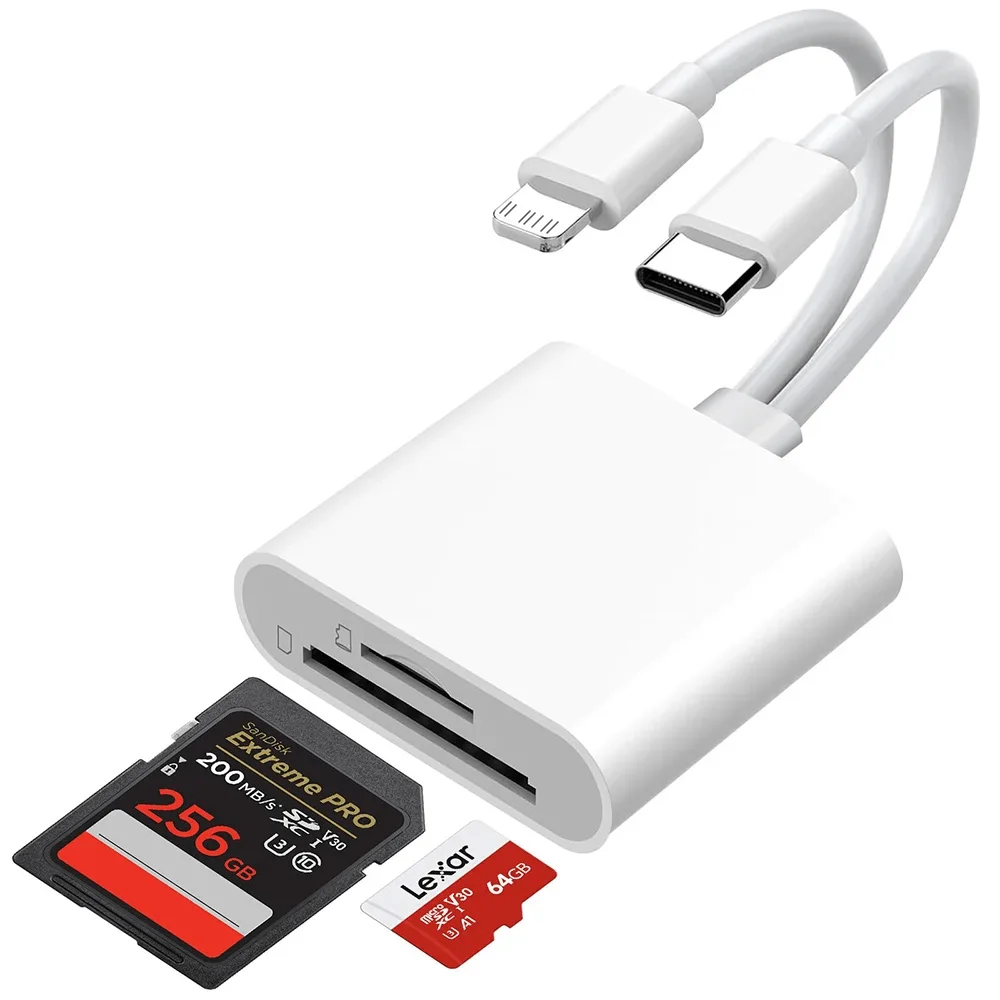 Lector de tarjetas SD 2 en 2 para iPhone iPad Mac: adaptador de tarjeta de memoria de puerto dual USB C y Lightning de alta velocidad