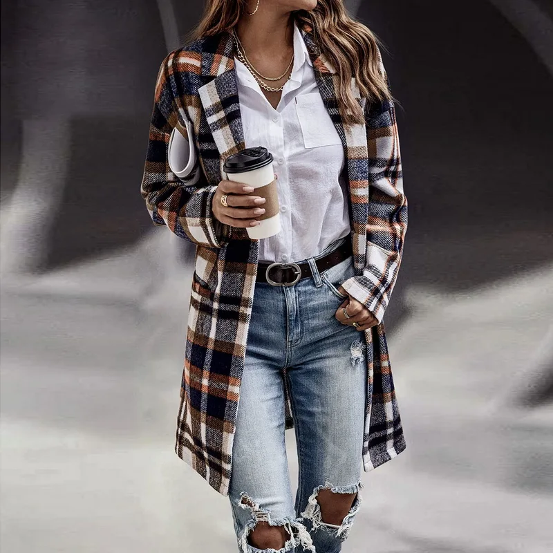 New Women's Plaid Shacket Jacket Casual Button Lapel Wool Blend Trench Coat with Pockets Long Sleeve Coat Outerwear