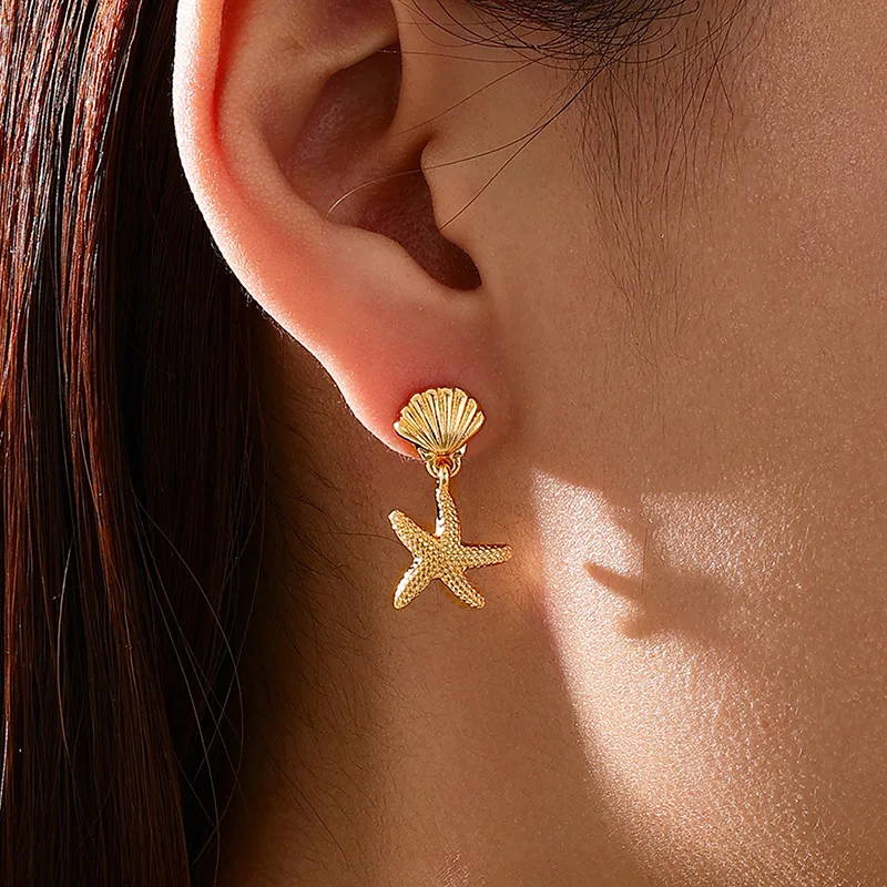 

Fashion Gold Color Starfish Shells Stud Earrings For Women Metallic Geometric Drop Ear Jewelry Party Beach Gift