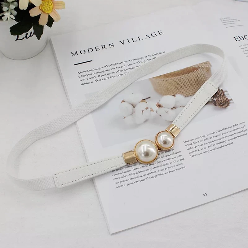 1 Pc Temperament Retro Pearl Pair Buckle Thin Belt Ladies Dress Elastic Elastic Waist Belt Hook Narrow Waist Seal Accessories