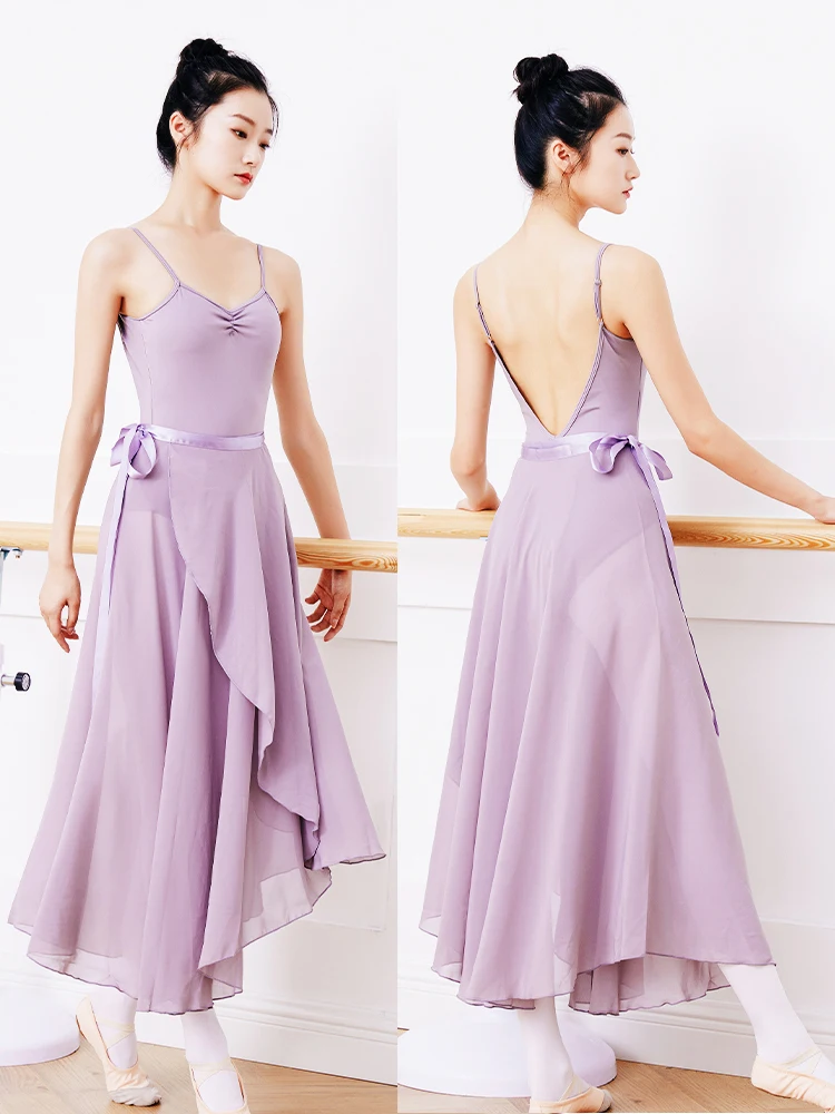 فستان باليه، تنورة برباط من قطعة واحدة، مريلة شيفون للتمرين، تنورة شاش للرقص، فستان طويل للفتيات