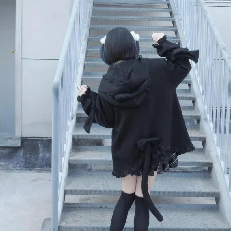 Subculture Gothic Lolita Hoodies Women Harajuku Y2k Lace Bow Cat Ear Hooded Coats Grunge Loose ​Long Sleeves Zipper Sweatshirt view 5