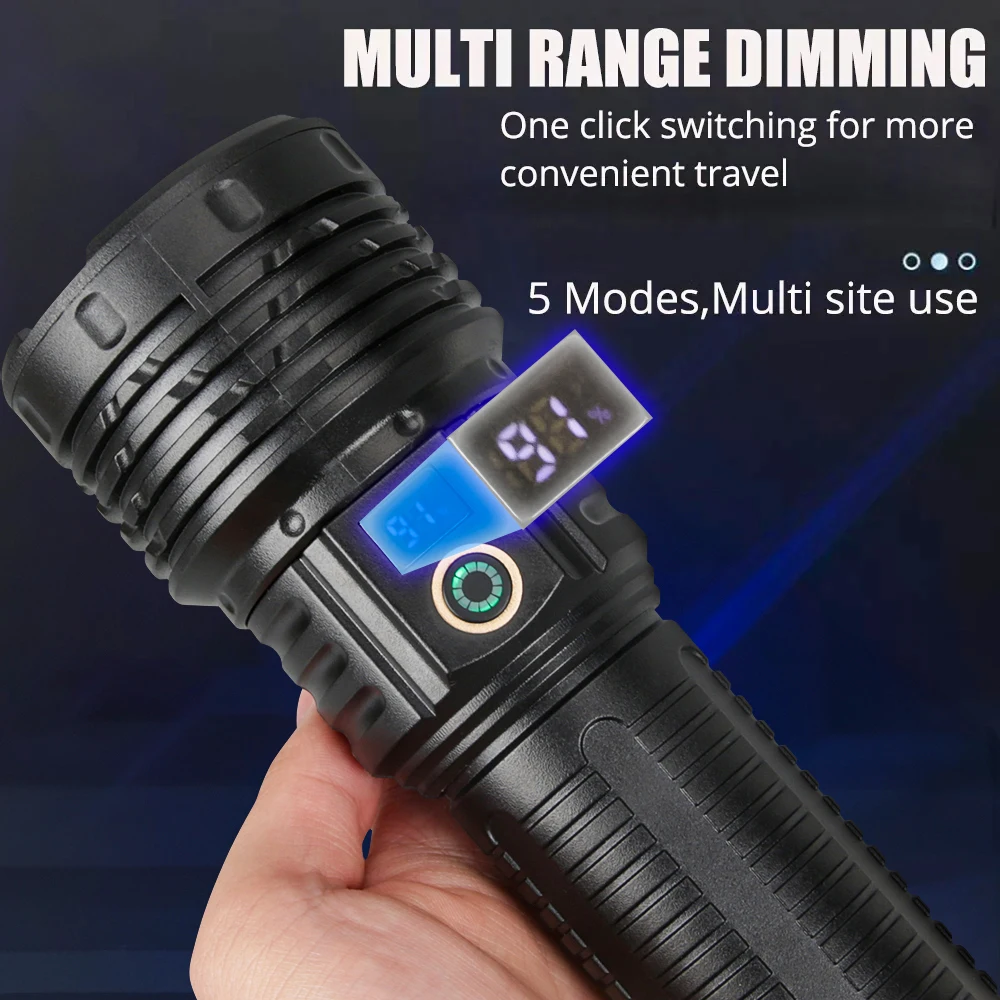 Powerful Led Flashlights 5000LM Ultra Bright Tactical Light with Tail Light Emergency Telescopic Zoom Light Built-in Battery