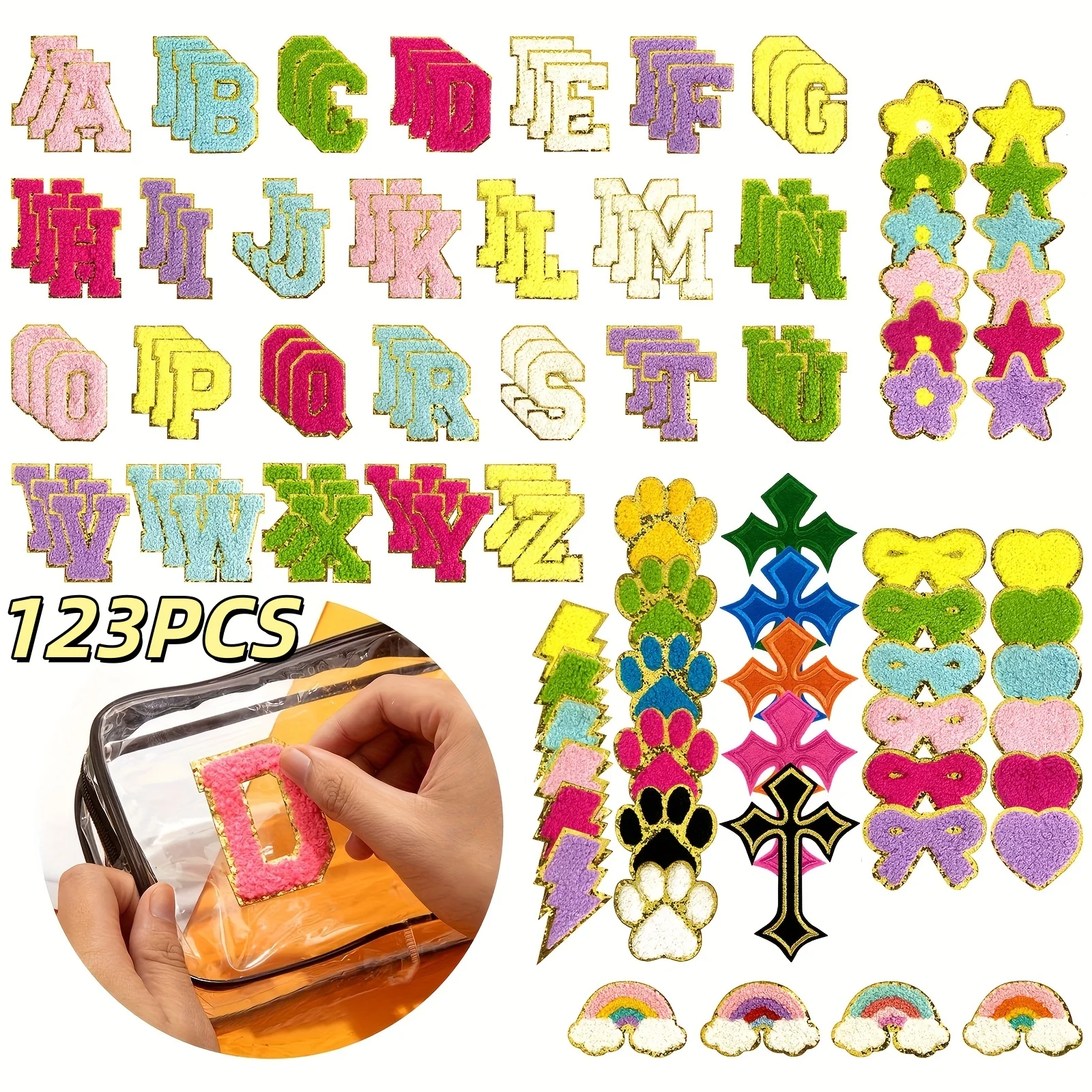 

123 pcs Chenille Embroidery Patch Set: 78 Alphabet Patches & 45 Other Designs for DIY on Hats, Jackets, and Jeans.