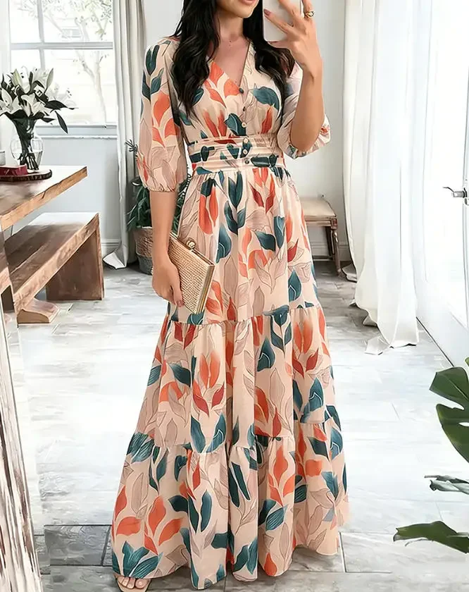 

Summer New Product Women's Fashion Printed V-Neck Long Skirt Shirt Back Ruffle A-Line Holiday Long Sleeve Dress