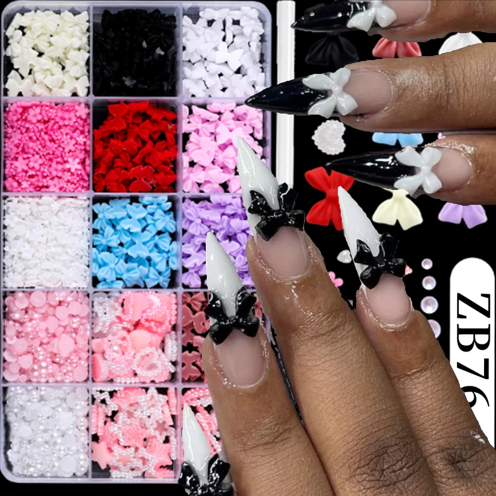 

750-880Pcs (12/15grids)3D Ribbion Bow Nail Charms 8X10MM Black/White/Pink Bowknot Nail Art With 3/6/9mm Acrylic Floret Nail Part