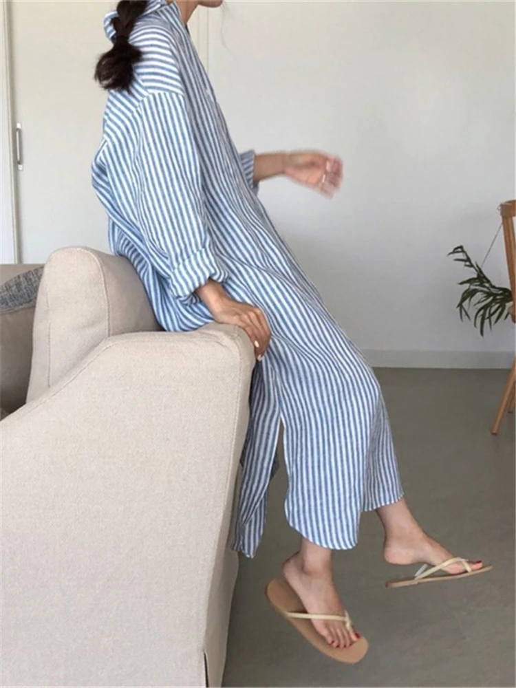 Colorfaith DR2268 New 2023 Striped Lace Up Cotton and Linen Shirt Dress Spring Summer Women Korean Fashion Chic Long Dresses